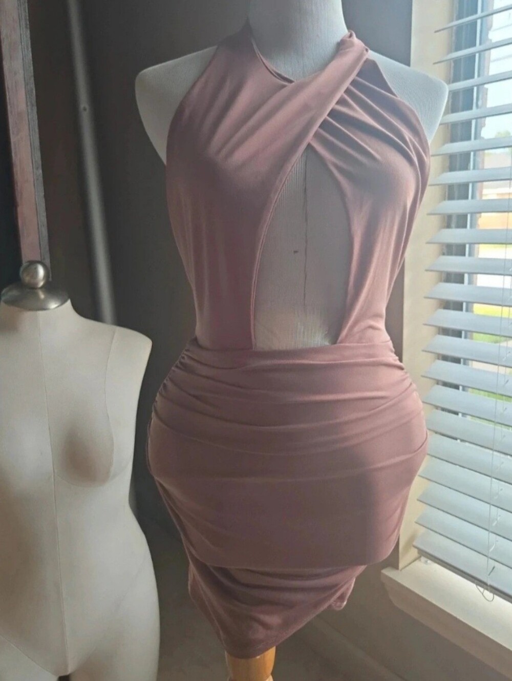 SHEIN Dusty Mauve Cutout Ruched Bodycon Mini Dress